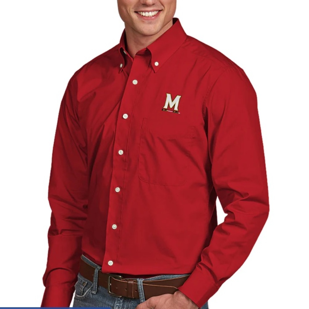 Men's Antigua Red Maryland Terrapins Dynasty Woven Long Sleeve Button-Down Shirt